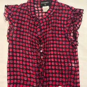 CHANEL Sheer Purple and Pink Polka Dot Silk blouse